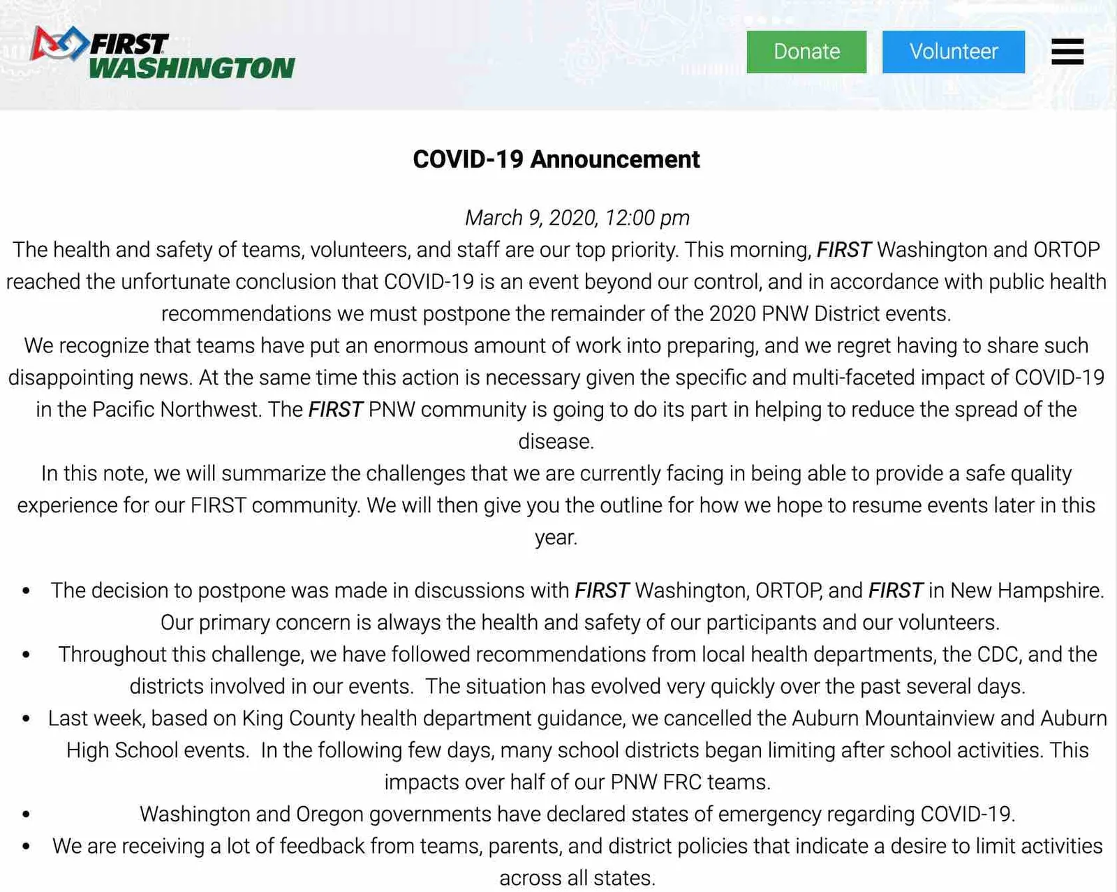 Postponed FIRST WA Events letter